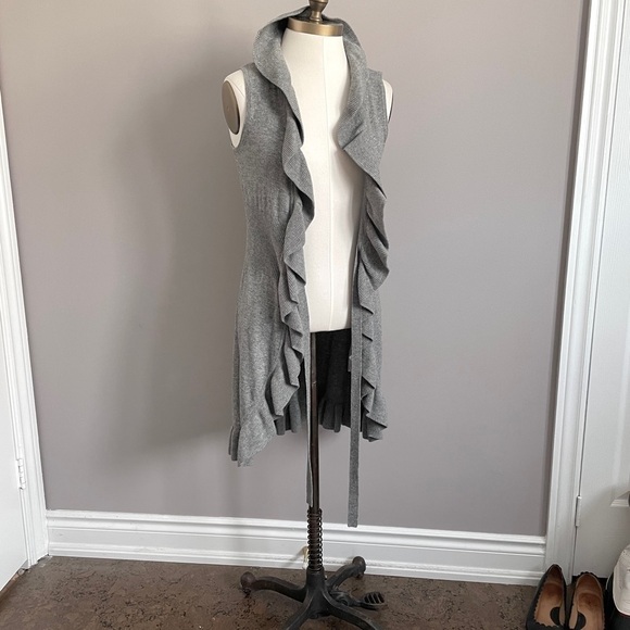 Gray Wool Blend Duster Knee Length Long Ruffle Tie Vest - S/M - Picture 10 of 11